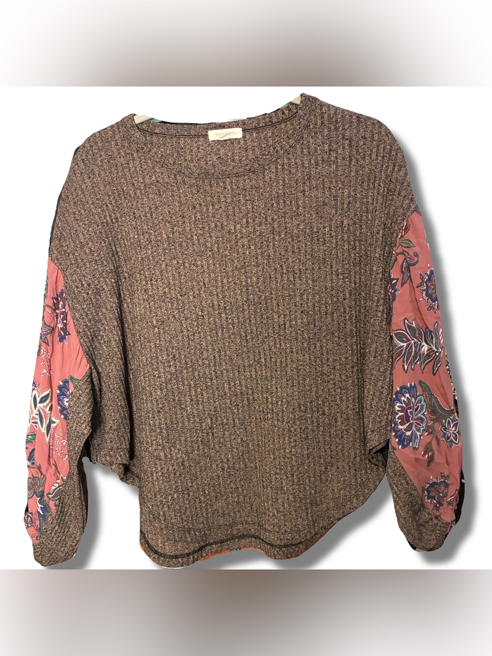 paper tee Oversized Ribbed Knit Boho Top with Pink Floral Sleeve Insets Small